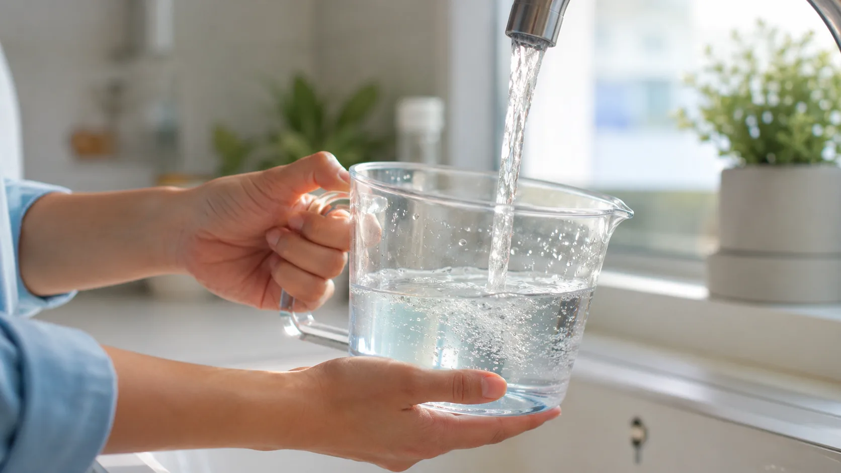 流れる水を計量カップで受ける手元。節水のイメージ