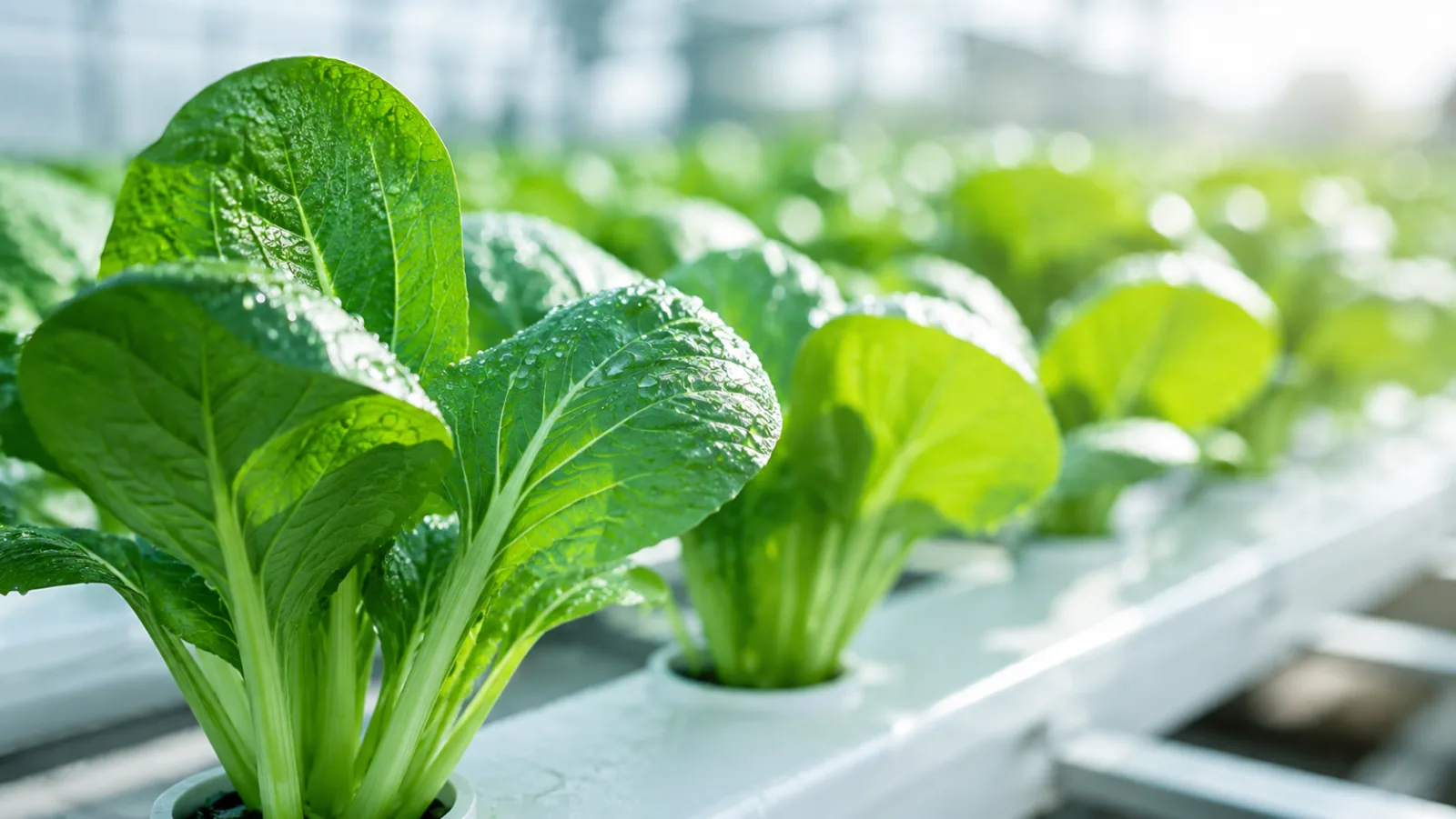 青々とした葉物野菜とファインバブル灌漑のイメージ